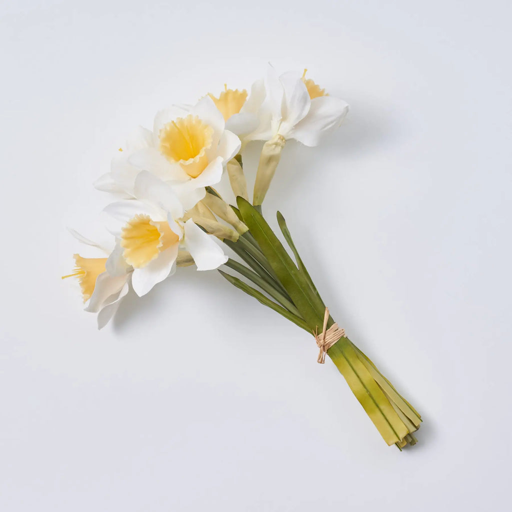 White Silk Daffodil Faux Floral Bouquet Bundle of 6 Wired Stems 12