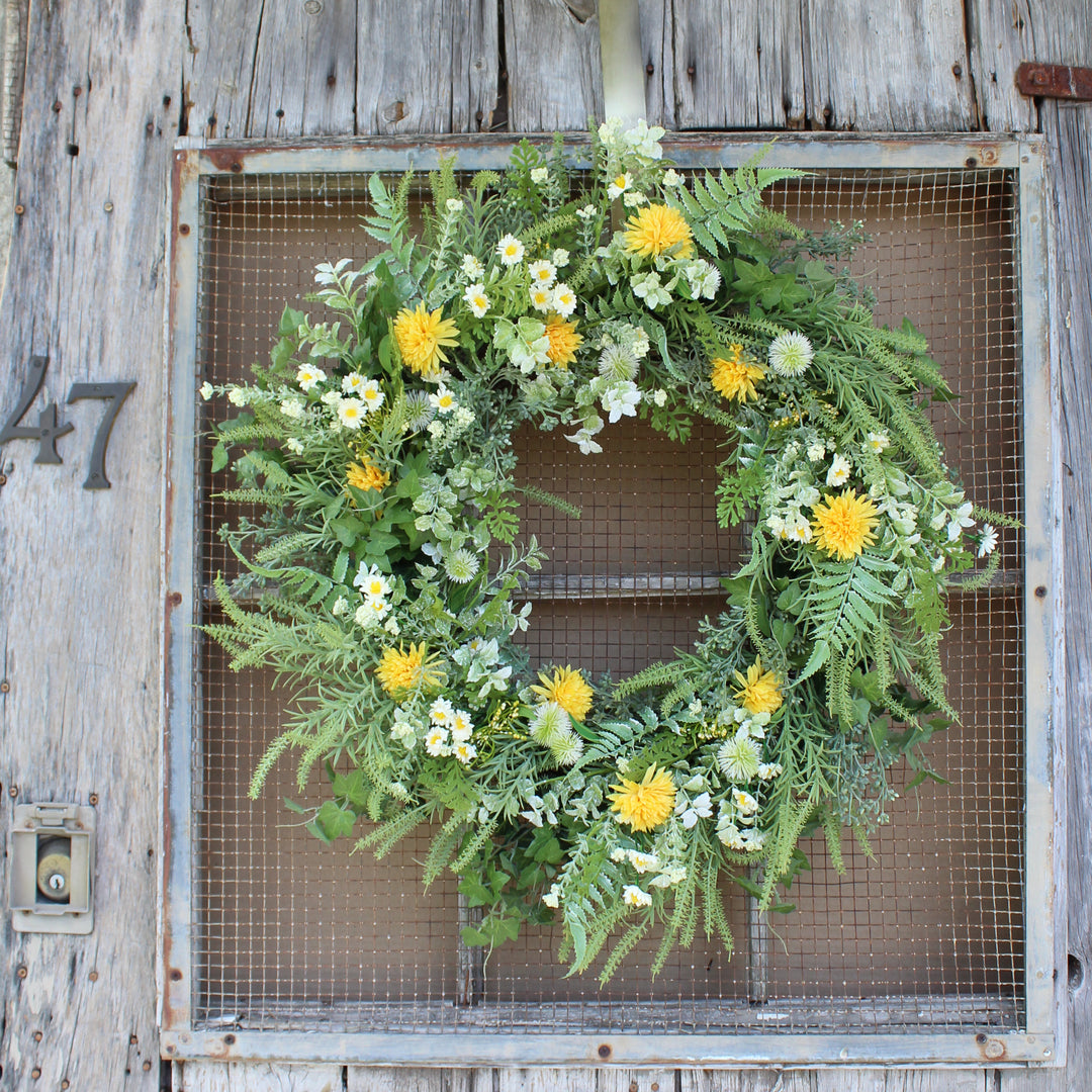 Yellow \u0026 White Dried-Look Wildflower, Green Astilbe Summer Fall Wreath –  Darby Creek Trading, image size:1080x1080