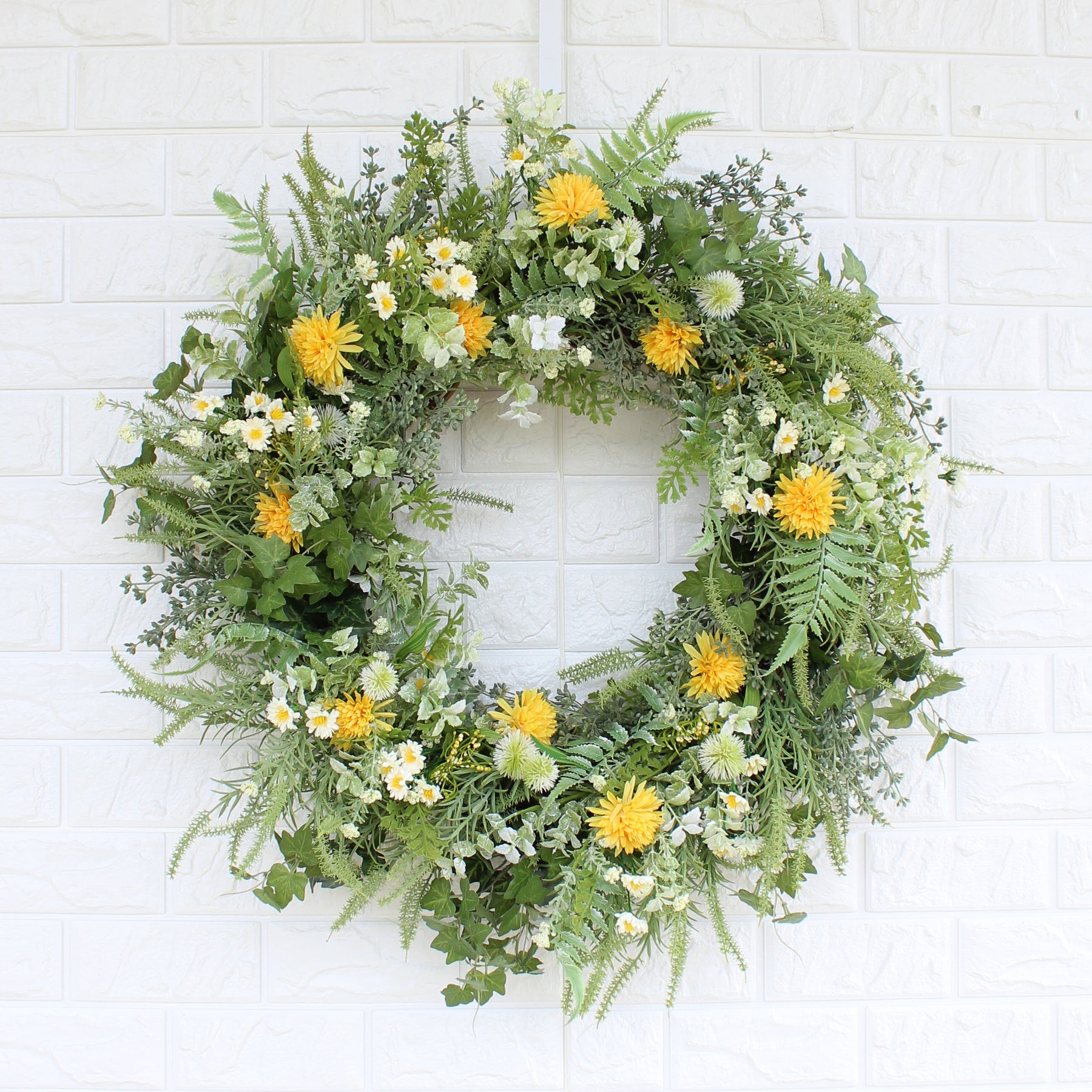 Yellow & White Dried-Look Wildflower, Green Astilbe Summer Fall Wreath ...